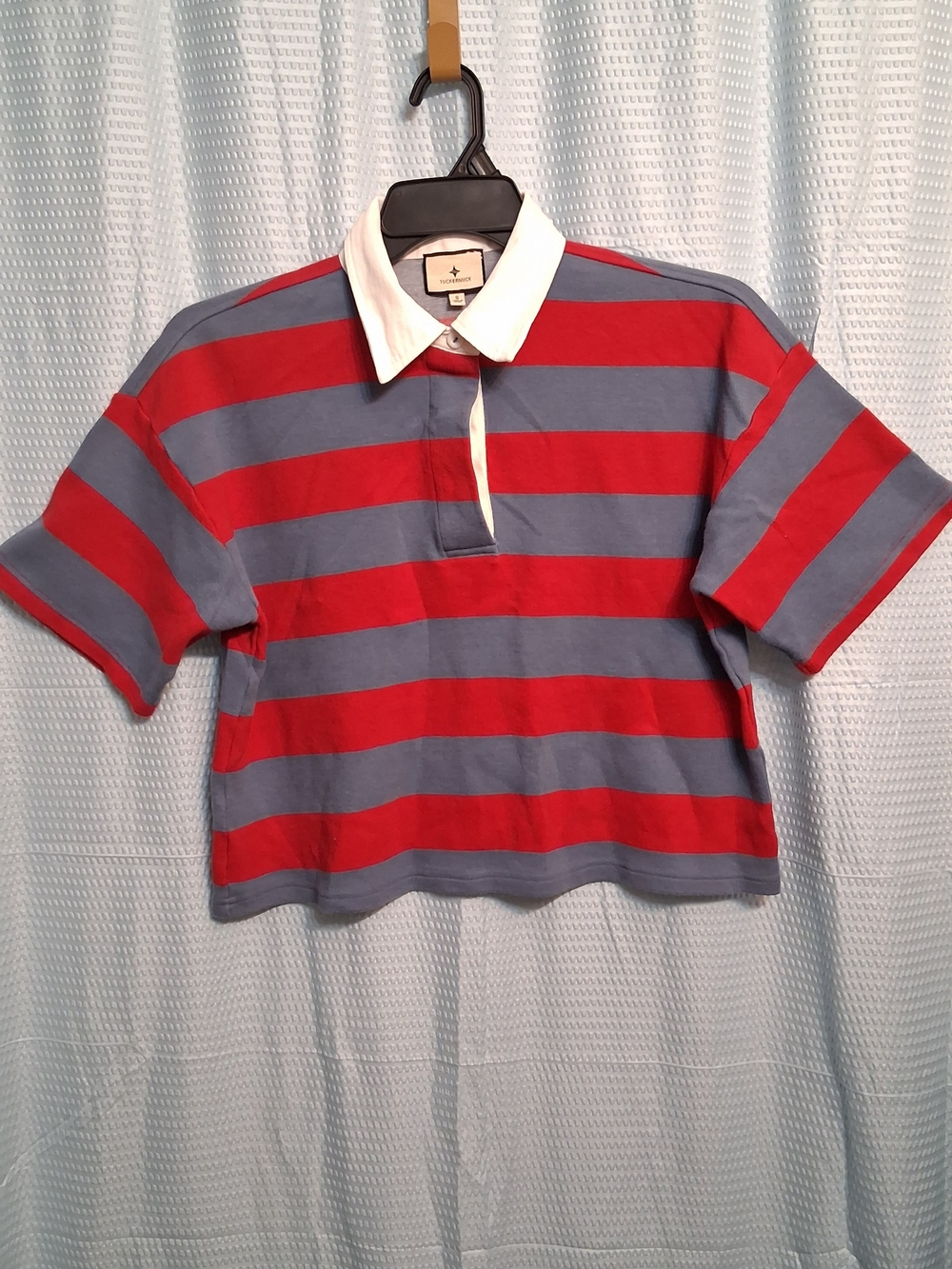 Tuckernuck Cropped Rugby Polo in Red and Blue with White Collar